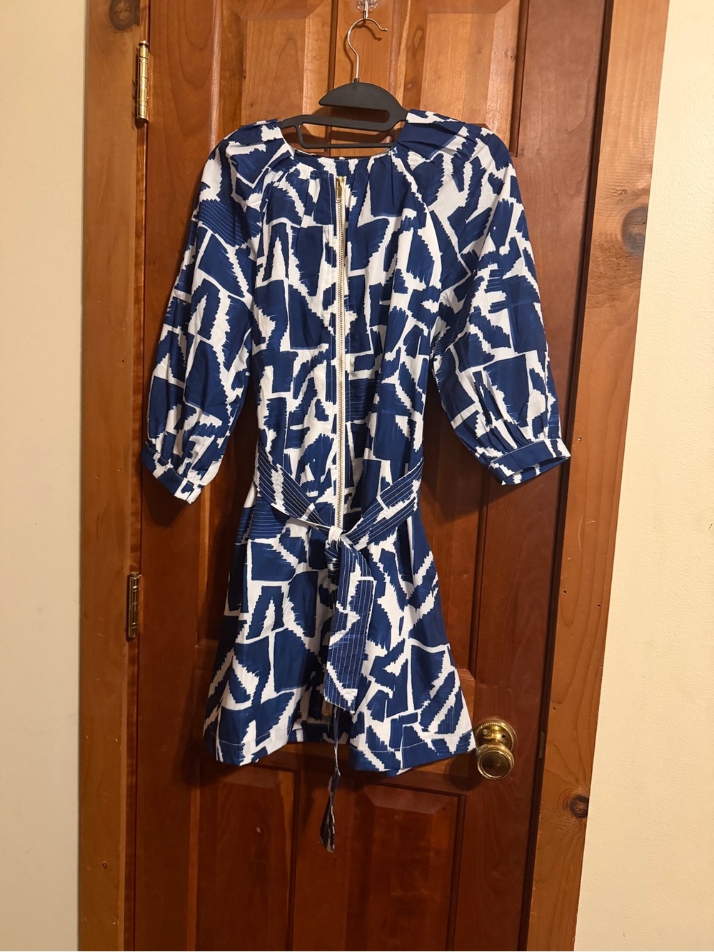 Adorable Women’s Blue and White Printed Zip-Front Dress with Tie Belt